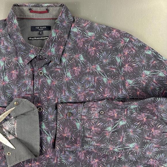 Ted Baker Other - Ted Baker Shirt Mens XL Navy Blue Fireworks AOP Turquoise Flipcuff Dress